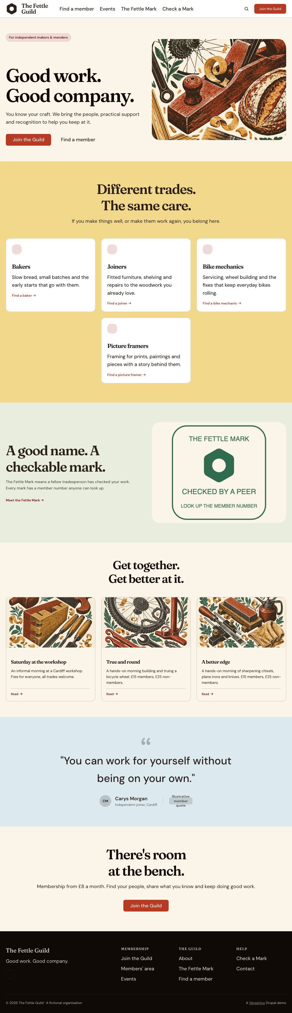 Homepage of The Fettle Guild, our demo membership site built with Versantus